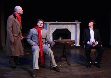 The mysterious Mr Robins talks - (Dr. Watson (Paul Noga), Robins (Samuel Pollin), and Sherlock Holmes (Matt Sims). Photo by Scott D'Vileskis.