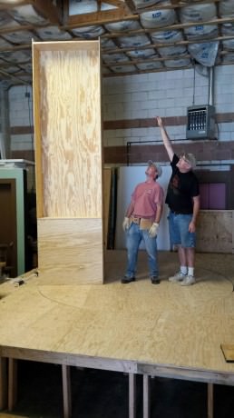 Jim Korte (right) and Bruce Clark are pictured with the set during the construction process at DTC's building facility in Frederick. 