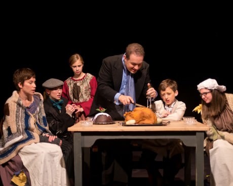 Cratchit Family: Gladys Cratchit (Julie Zito), Tiny Tim (Maria O'Connor), Child 1 (Kathryn LaLonde), Bob Cratchit (Peter J. Orvetti), Child 2 (Aidan Emerson), and Little Nell (Maggie Murphy). Photo by Harvey Levine.