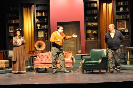 The set with actors Cara Bachman (ELiza Doolittle) Brian Lyons-Burke. (Henry Higgins), and William T. Fleming (Doolille). Photo by Elli Swink.