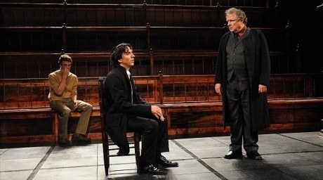 Mortera (Michael Tolaydo), right, warns the young Spinoza (Alexander Strain) of the real possibility of excommunication. in '“New Jerusalem: The Interrogation of Baruch de Spinoza.” Photo by Stan Barouh.