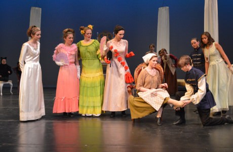 From left to right: Queen (Erin Poplin), Cleopatra (Ana McMenamin), Brunhilda (Gracie Slye), Stepmother (Charlotte Maskelony), Cinderella (Malena Davis),and the Prince (Eric Ratliff). Photo by Larry McClemons.
