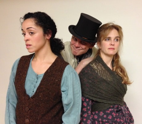 Our Mutual Friend Dre Weeks (as Lizzie), David Minton (as Silas Wegg), and Kelly Newman O'Connor (as Jenny Wren). Photo courtesy of Lumina Studio Theatre