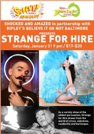 Poster for Strange For Hire, playing for one night only on Saturday, January 31. Photo by Isaac Bidwell, who is a featured artist for the Jan 31st show