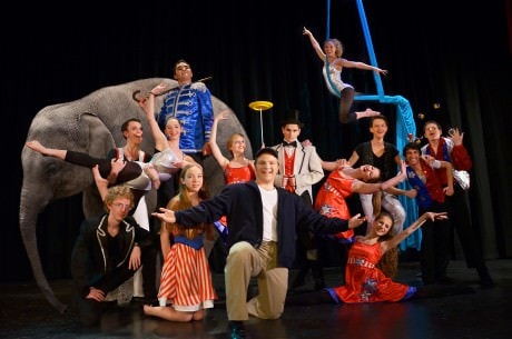 he world is a circus for Edward Bloom (Alex Stone and friends) in MTC's production of 'Big Fish.' Photo by Isabel Zapata.