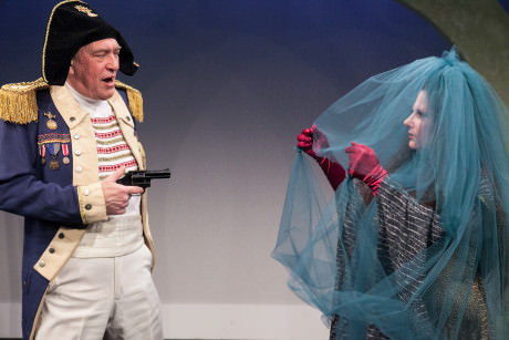 Conrad Feininger as "Cain Adamson Charles Napoleon, the Emperor of Turania", confronts The Oracle (a longlived), played by Laura Giannarelli. Photo by C. Stanley Photography.