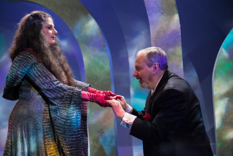 The Oracle (a longlived), played by Laura Giannarelli deals with the Elderly Gentleman (a shortlived) played by Vincent Clark. Photo by C. Stanley Photography.