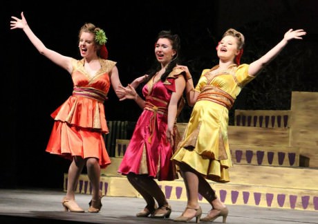 "Three Little Maids' swing the classic G&S ditty à la the Andrew Sisters: Taylor O-Connell (Peep-Bo), Marissa Diehl (Yum-Yum) and Kaila Friedman (Pitti-Sing) Photo by Connie Jack.