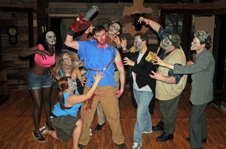 The cast of 'Evil Dead: The Musiical'-Ash and the Deadites. Photo courtesy of Greenbelt Arts Center.