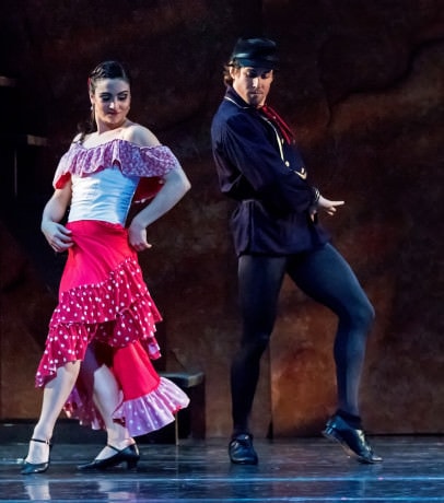  Jillian Cyr (Carmen) with Alexander Collen  (La Fontaine), a cavalry soldier who is competition for Viejo Wells. Photo courtesy  of Maryland Ballet Theatre.