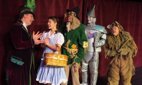 Lee Hebb (Wizard of Oz),  Kelsey Swann (Dorothy), Tim Henderson (Scarecrow), Adam Blackstock (Tin Man), and Amy Hebb (Cowardly Lion). Photo courtesy Other Voices Theatre.