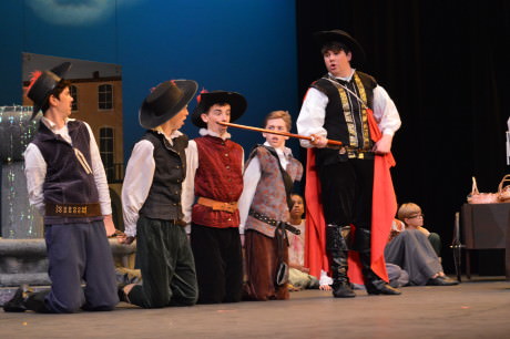 (l to r) Aramis (Brody Karton), Porthos (Colin Meek), Athos (Zach Longsworth) and D'Artagnan (Christopher Wagner). Photo by Aileen Pangan.