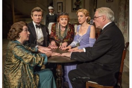 From left, Sandra Shipley, Charles Edwards, Susan Louise O’Connor (at back), Lansbury as Madame Arcati, Charlotte Parry and Simon Jones. Photo by Joan Marcus.