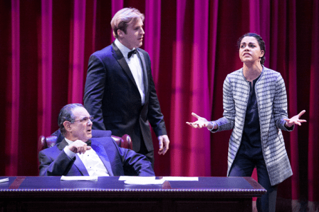 Edward Gero as Supreme Court Justice Antonin Scalia, Harlan Work as Brad and Kerry Warren as Cat in The Originalist. Photo by C. Stanley Photography.