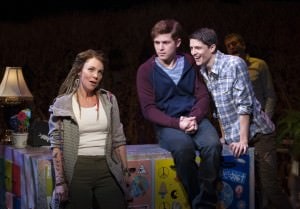 L to R: Sarah Litzsinger (Emily), Jake Winn (Luke), and Parker Drown (Ensemble) in Kid Victory at Signature Theatre. Photo by Margot Schulman.