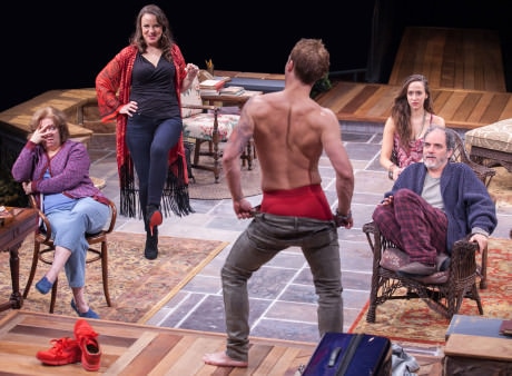 (L to R) Sherri L. Edelen (Sonia), Grace Gonglewski (Masha), Jefferson Farber (Spike), Rachel Esther Tate (Nina), and Eric Hissom (Vanya) in 'Vanya and Sonia and Masha and Spike' at Arena Stage at the Mead Center for American Theater. Photo by C. Stanley Photography.