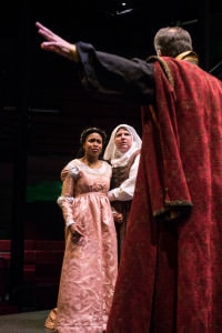 Lauren M. Davis is Juliet, Dave Gamble is Lord Capulet, Mimsi Janis is Nurse. Photo courtesy of Chesapeake Shakespeare Company.
