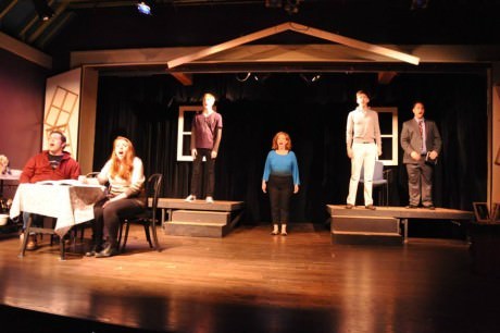 The cast of Rockville Musical Theatre’s ‘Next To Normal': (left to right): Dylan Echter (Henry), Rachel Barlaam (Natalie), Rob Milanich (Gabe), Marni Whelan Ratner (Diana), and Chad Wheeler (Dan). Photo by Elli Swink.