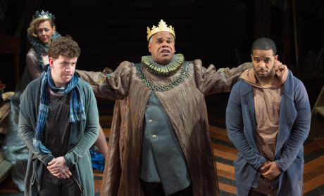 Claudius (Craig Wallace, center) directs Rosencrantz (Romell Witherspoon, right) and Guildenstern (Adam Wesley Brown) to glean what is afflicting Hamlet. Kimberly Schraf pictured in background. Photo by Jeff Malet.