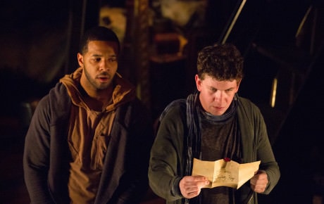 Adam Wesley Brown (Guildenstern), (Left), and Romell Witherspoon (Rosencrantz) (Right). Photo by Jeff Malet.