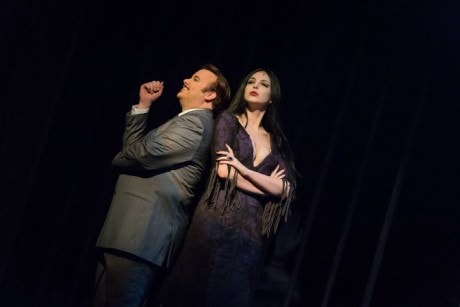 Gomez (Jordan Stocksdale), Morticia (Sarah Summerwell). and Gomez (Jordan Stocksdale) and Lurch (Russell Rinker). Photo by C. King Photography. Photo by 