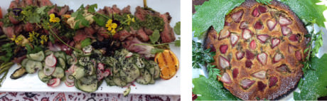Grilled beef chimichurri with Satsumi oranges and summer vegetables – Rose and Rhubarb Torte.