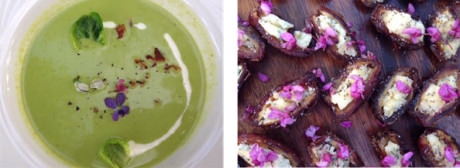 Minted Pea Soup – Dates stuffed with blue cheese and decorated with Redbud flowers.