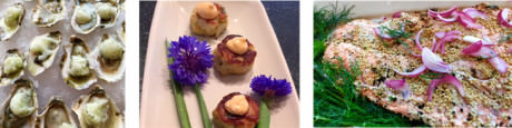 Rappahannock Oysters with Cucumber Sorbet – Mini crab cakes and cornflowers – Mustard Crusted Salmon and Dill.