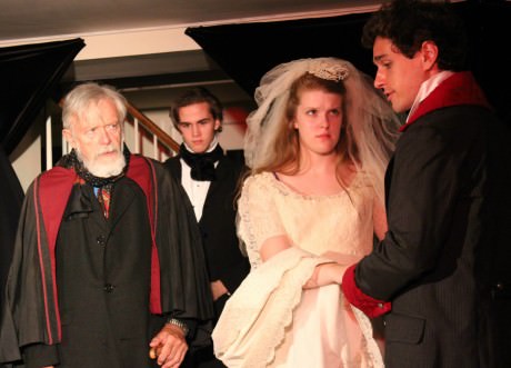  Florio (John Burghardt) marries off his daughter, Annabella (Caroline McQuaig) to Soranzo (Mark Ashin), while her brother, Giovanni (Nick Byron) looks on in ''Tis Pity She's a Whore.' Photo by Clare Lockhart.