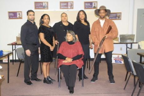 The cast: (L to R): Ben Harris (Frank Charles), Brawnlyn Blueitt (Minnie Dove), Kecia Campbell (Sophie Washington), Lolita Marie (Fannie Dove), and Darius McCall (Wil Parish). Seated: Sandra Cox True (Miss Leah). Photo courtesy of Bowie Community Theatre.