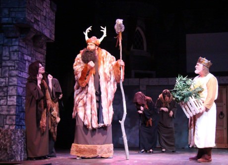 Patrick Pruitt as the Knight of Ni and his band of knights demand a shrubbery from King Arthur (Jimmy Payne) in 'Spamalot.' Photo courtesy of Port Tobacco Players.  