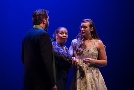 When her father proposes that Juliette (Merideth Marano, in white) marry Count Pâris, Frère Laurent (Danien Savarino) and her nurse Gertrude (Anamer Castrello) counsel her to be silent. Photo by Dhanesh Mahtani. 