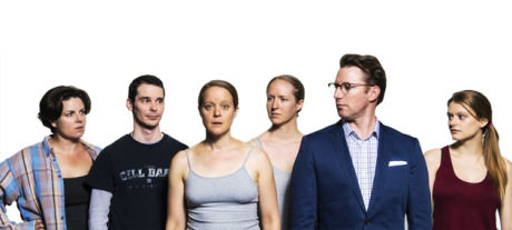 The cast of Inheritance Canyon. From L to R: Teresa Castracane, James Flanagan, Esther Williamson, Gwen Grastorf, Dan Crane, and Morgan Sendek. Photo by Marcus Kyd with Teresa Castracane.