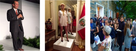 Peruvian Ambassador Luis Miguel Castilla introduces the fashion designers on the catwalk – The latest fashions are presented at the Peruvian Embassy – The crush at the Peruvian Embassy’s bash.