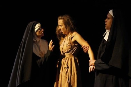 Margaret (Allison Frisch) (Center), Sister Anastasia (Elizabeth Bruce), and represents the Sister Helen (Taunya Ferguson). Photo courtesy of The Thelma Theatre.