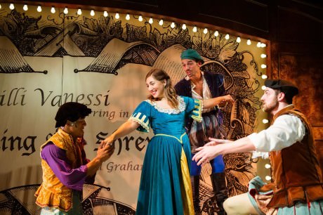 Emily Levey being wooed by (L-R) Hasani Allen, Stephen Russell Murray, and Drew Stairs in 'Kiss Me Kate.' Photo by Traci J. Brooks Studios