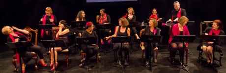 'Love, Loss, and What I Wore' – Saturday, October 3rd Cast: First Row, Left to Right: Valerie Lash, Gabrielle Amaro, Apryl Motley, Peggy Yates, Carole Graham Lehan, Elizabeth Homan, Barbara Brickman. Second Row, Left to Right: Carolyn Kelemen, Susan Porter, Sierra Young, Tara Hart, Terri  Laurino, and Diane Schumacher. Photo by St. Johnn Blondell.