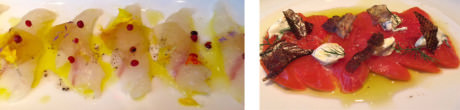 (left-to-right) Fluke crudo with pickled watermelon rind and pink peppercorns – Sockeye Salmon with salmon skin cracklings.