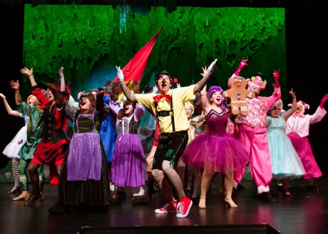 Patrick Graham (Pinocchio), Evie Korovesis (Gingy) and the Ensemble in "Freak Flag." Photo by Traci J. Brooks Studios.