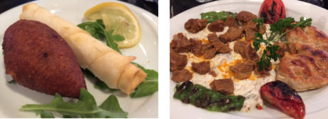 (left-to-right) Icli Kofte and Boregi stuffed with feta cheese and herbs – Ali Nazik – slow-cooked lamb on smoked puréed eggplant. A specialty of the Gaziantep region.