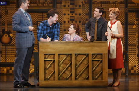 (l to r) Curt Bouril (Don Kirshner), Liam Tobin (Gerry Goffin), Abby Mueller (Carole King), Ben Fankhauser (Barry Mann) and Becky Gulsvig (Cynthia Weil). Photo by Joan Marcus.