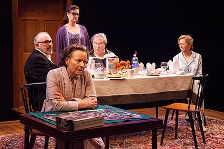 Sarah Marshall, Elizabeth Pierotti, Rick Foucheux, Ted van Griethuysen, and Kimberly Schraf in The Apple Family Cycle: Sorry at Studio Theatre. Photo: Allie Dearie.