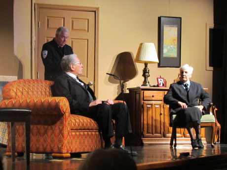 from L to R: John Lee (Sergeant Cadwallader), Howard Wachspress (Henry Angell), and Marian Urnikis (Inspector Thomas). Photo by Jessica McKay.