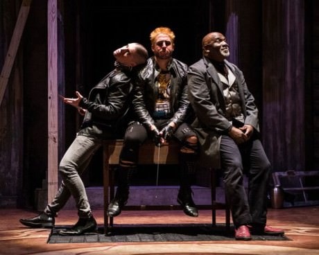 Aaron the Moor is the mastermind of much evil committed by Chiron and Demetrius, who are sons of his lover, the Goth Queen. Actors: Gregory Burgess as Aaron the Moor, Seamus Miller as Chiron (shaved head), James Jager as Demetrius (blond). Photo by Teresa Castracane.