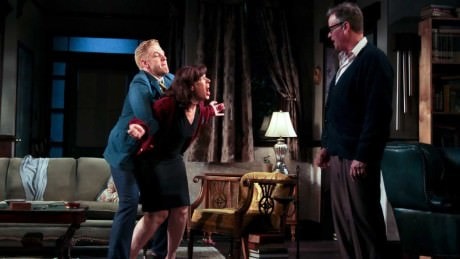 L to R: Jake Blouch, Catharine Slusar, and Pearce Bunting in Theatre Exile's production of 'Who's Afraid of Virginia Woolf? Photo by Paola Nogueras.