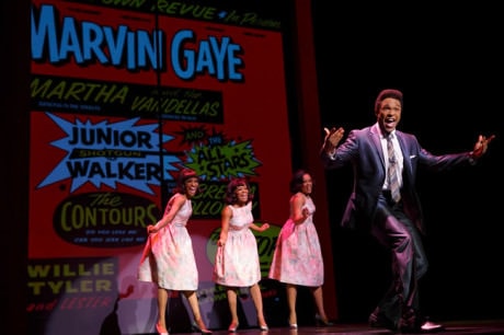 Jarran Muse as Marvin Gaye and the cast of Motown The Musical. Photo by Joan Marcus.