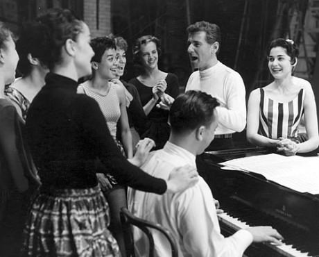 Leonard Bernstein rehearses the cast of 'West Side Story,' accompanied by Stephen Sondheim at the piano. Photo courtesy of The Library of Congress.