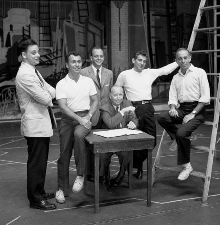 The creators of 'West Side Story': Stephen Sondheim, far left; Arthur Laurents, second from left; Leonard Bernstein, second from right; Jerry Robbins, far right. Photo courtesy of the Daily Dot Tumblr.https://bookshop.tumblr.com/post/466007091