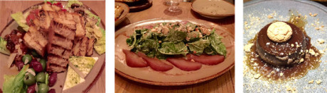 (L to R) Vegetable antipasto – Kale and Gorgonzola salad with poached pears – Bunt – a Piedmontese chocolate terrine.