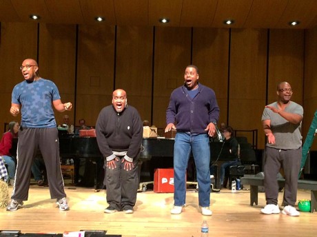 The Gopspeleers in rehearsal: L to R: John E. Lucas, James Alexander, Bernard Dotson, and Trent Armand Kendall. Photo by Rick Hammerly.